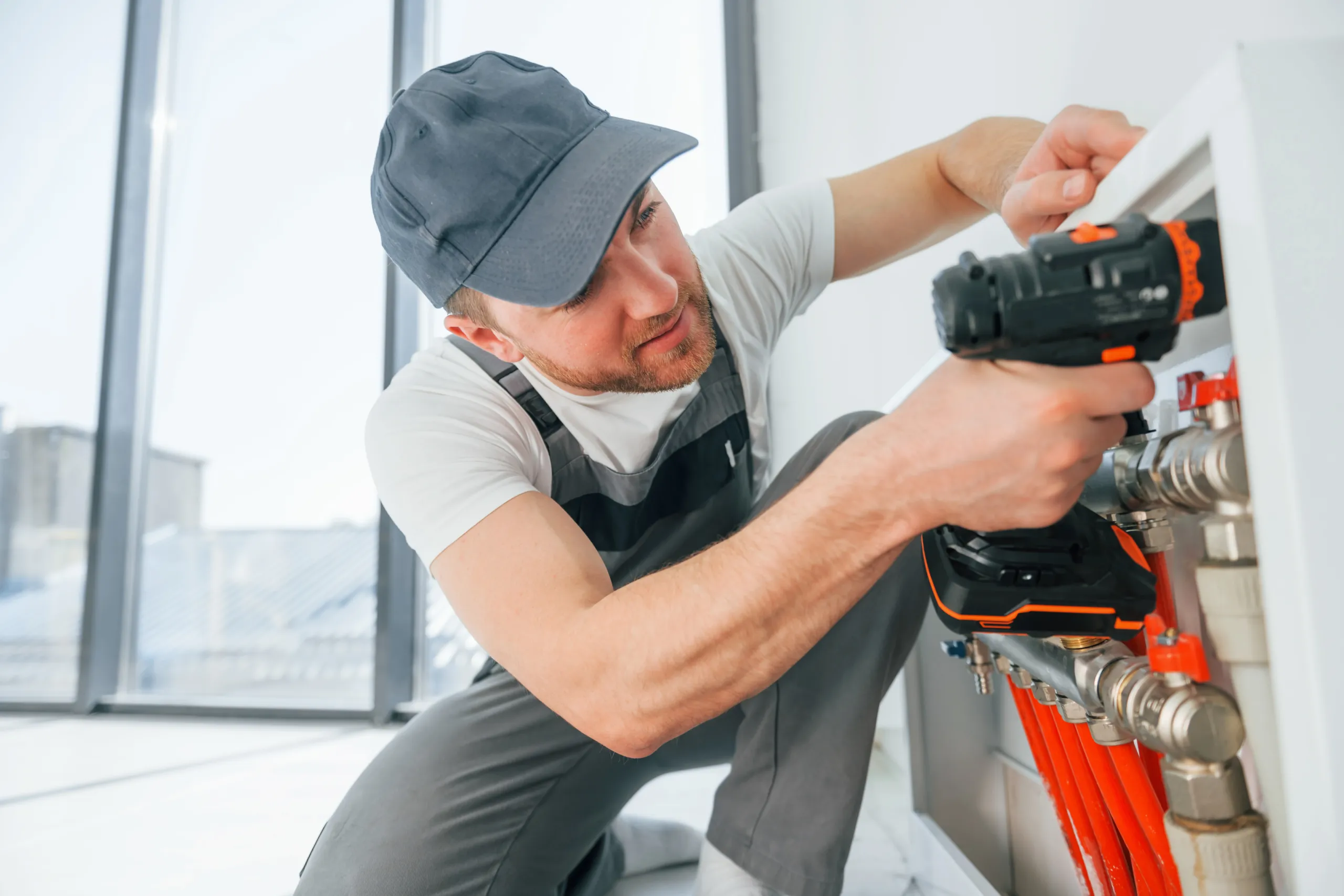 Man wearing a cap uses a power drill to work on pipes connected to a heating system in a bright room.