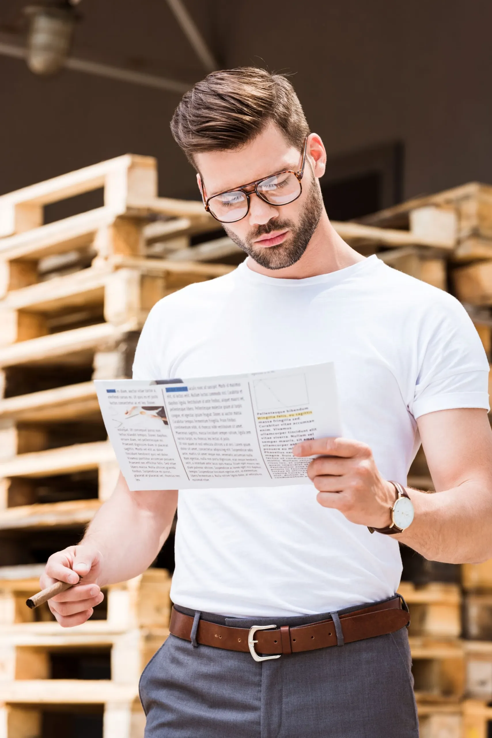 Man in a white T-shirt and glasses reading a document whilst standing in front of stacked wooden pallets outside.